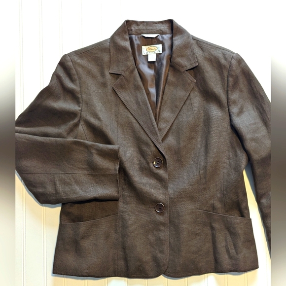Talbots Linen Women's 14P 14 Petite Brown 100% Irish Linen 2 Two Button Blazer - Picture 4 of 9